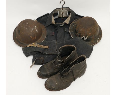 WWII Two MKII British steel helmets, together with an R.A.F  1945 Service Dress Blouse, by Sindall &amp; Bros and a pair of 1