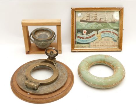 Ab Lyth, Stockholm, a 3" brass gimballed compass, a S/S British King, American Line print, a bronze 4" porthole and a hard pl