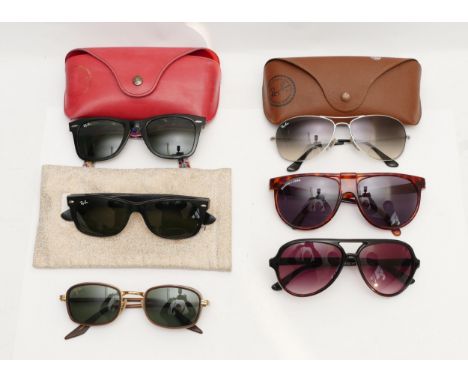 Six pairs of sunglasses, to include, four pairs of Ray-Bans, a rectangular pair, serial no. RB 2132 901 52 18 3N, in pouch, a