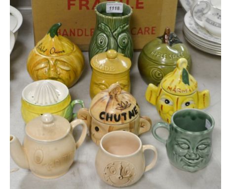 A novelty pickle jar and cover, chutney, marmalade, onions, apple sauce; celery vase; tea for one; others (10)