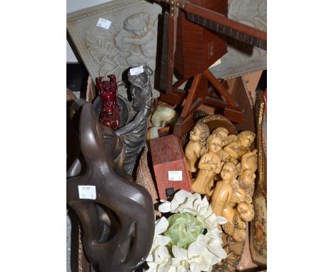 Boxes and Objects- a desktop four blade windmill;  a Bavarian musical automaton;  a decorative plaque, cherubs etc. 