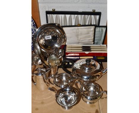 Silver plate- a three piece tea service, cased flatware, etc. 