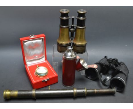 A French World War I pair of binoculars, Lemarie Paris; an early 20th century brass telescope; a novelty engine room watch; e