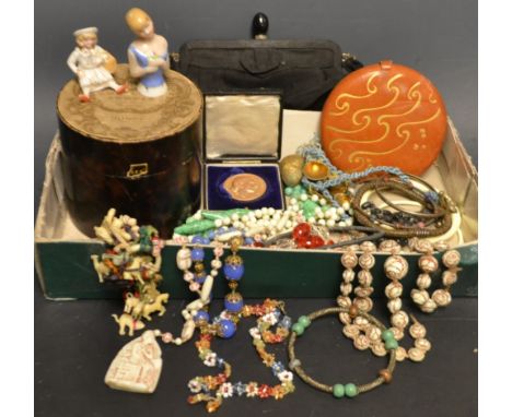 An Art Deco jade style bead necklace; other costume jewellery; pin cushion dolls; etc