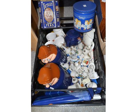Advertising- a Tetley Choice Tea tin;  teapots, Tea Folk biscuit barrels;  tea towels, aprons etc.;  Crested Ware- British se