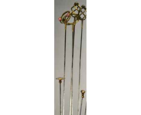 Two Art Nouveau stone set hat pins, enamel and another (4)
