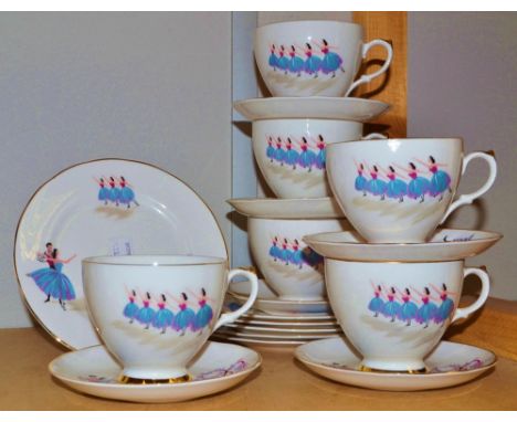 A Duchess China tea set printed with a Corps De Ballet, comprising six tea cups, saucers and tea plates