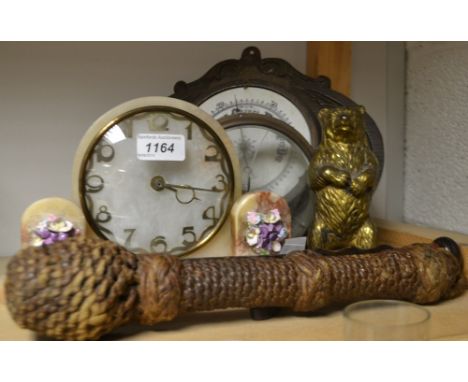 Boxes and Objects - an Alabaster mantel clock, c.1940;  an oak barometer;  a brass bear money box;  a truncheon;  a kosh