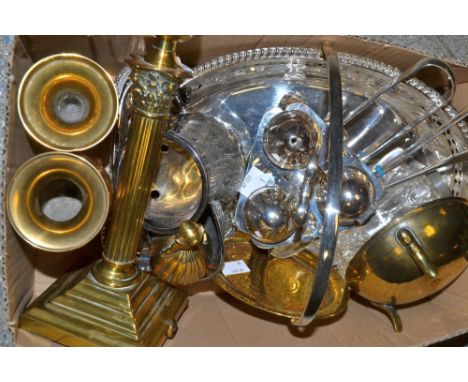 Metalware - a Silver tea spoon, EPNS , Brassware including column table lamp, etc