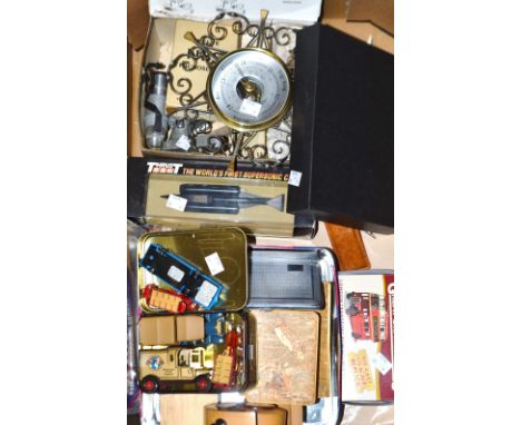 A set of bone domino; two brass calendars; microscope model cars, Liedo; Lipton's; etc. barometer; etc. 