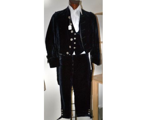 Vintage Costume - a Victorian blue silk velvet footman's outfit, comprising tailcoat and breeches, replacement steel cut butt