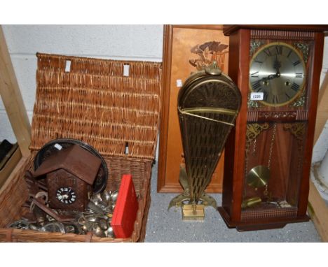 Household - a picnic hamper;  plated ware;  wall clock;  cuckoo clock;  wooden carved picture; a brass fan fire screen;    et