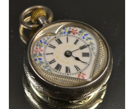 A lady's continental silver fob watch, white enamel dial, heart aperture, floral boarder, Roman numerals, chased case, button