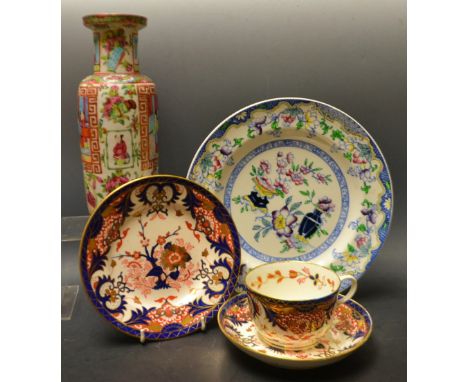 A 19th century Derby Imari palette teacup,saucer and tea plate, painted marks in red; a Chinese Famille Rose vase, faults; a 