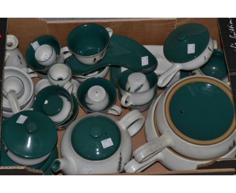 A Denby Greenwheat pattern teapot and cover, butter dish, single handled vegetable dish and cover, another vegetable dish onl