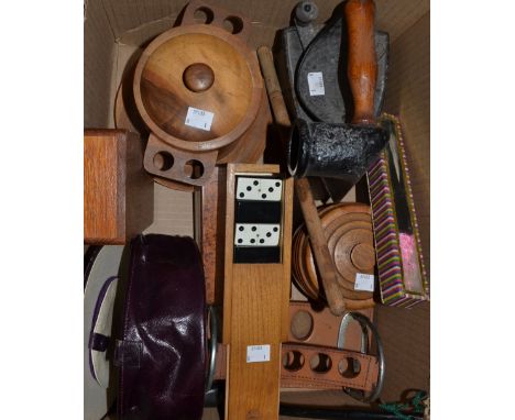 Boxes and Objects - a novelty pipe rack as a pair of stirrups;  dominoes;  treen tobacco jars;  a flat iron;  etc 
