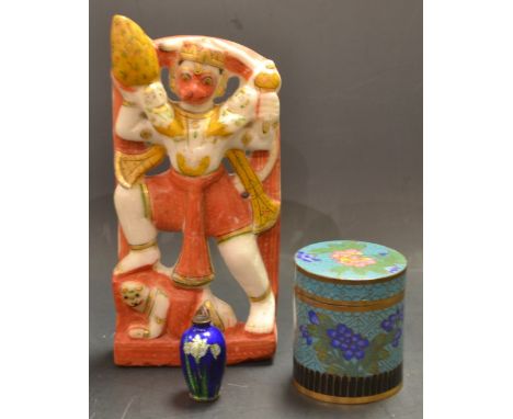 Oriental Boxes and Objects - an Indian soapstone carving of a deity, painted in vibrant colours; a Chinese cloisonné enamel c