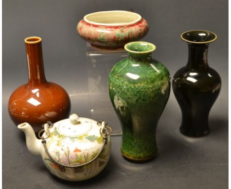 Oriental Ceramics- a polychrome enamel painted tea pot, a bulbous brown glaze vase etc. (5) 