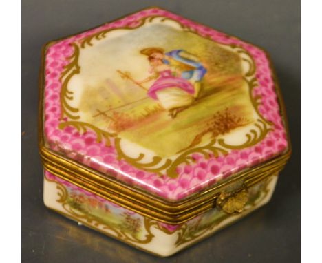 A continental hexagonal patch pot and cover, painted with a courting couple, brass mounted, 7.5cm wide, marks in gold, late 1
