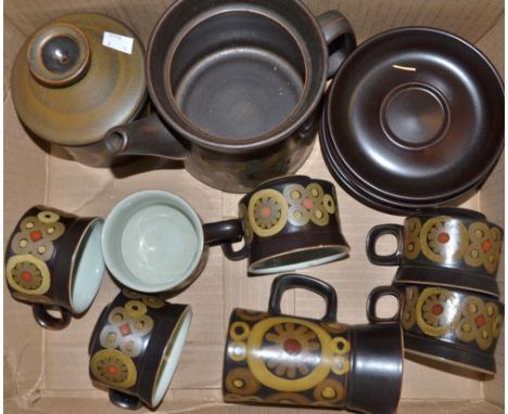 A Denby Arabesque pattern teapot, six teacups and saucers, milk jug and sugar bowl