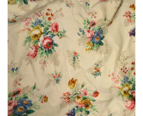 Textiles - a pair of 1940s Sanderson vintage curtains with matching bedcover, floral sprays on cream ground; another curtain,