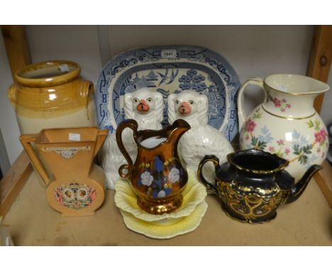 A pair of Staffordshire mantle dogs; an art deco George VI coronation jug; a Falcon ware salad drainer with stand; a Lusterwa