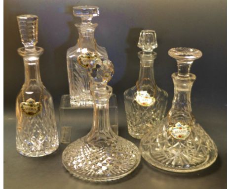 A cut glass ships decanter, others with Coalport ceramic decanter labels (5)