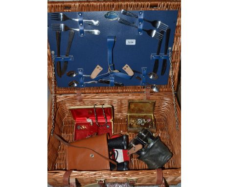 An Optima wicker picnic hamper, part fitted; costume jewellery; early 20th century field binoculars, set with a compass, case