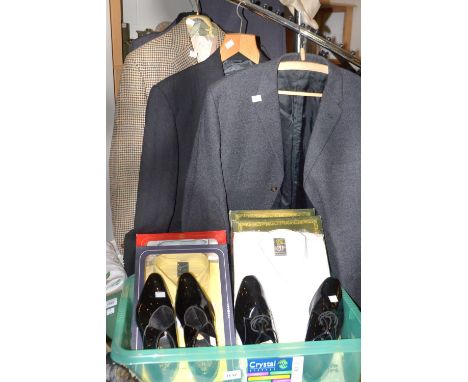 Vintage clothing - gentleman's tuxedo , tweed suit and waistcoat, dress shoes, boxed shirts, etc