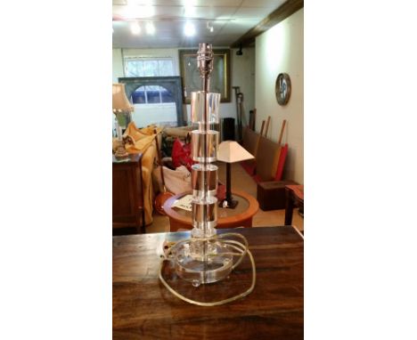 Heavy glass lamp base, cylindrical glass pieces (bottom one repaired), 43cm high excluding lamp fitting at the top. Glass bas