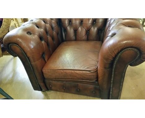 Brown leather Chesterfield chair, button backed, great condition, 98cm wide, 85cm deep overall, 67cm high