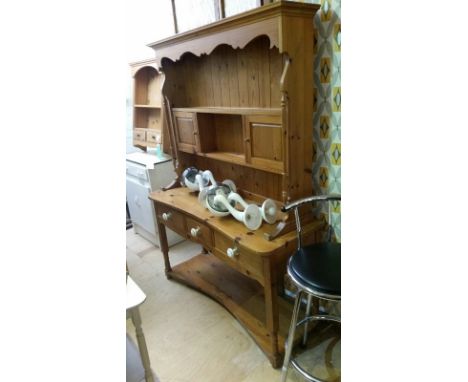 Pine dresser with pot shelf under and ceramic handles, some wear and tear (in two parts for transporting)