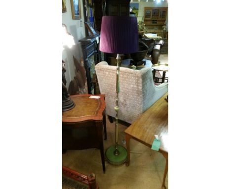 Vintage standard lamp, delightfully kitsch with a ruffled purple shade and a brass and green stone stand! PAT tested Jan 2016