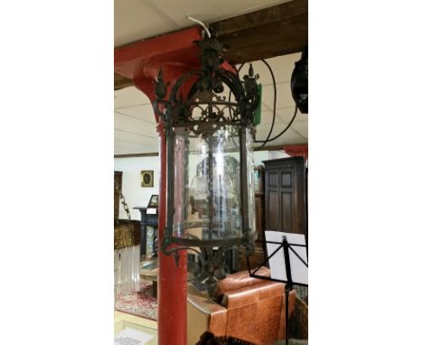 Large metal and original etched glass lantern, c. 90cm, super condition, converted for electricity. Magnificent.