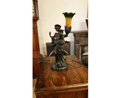 Spelter lamp with green and yellow glass shade, maiden figures. PAT tested Jan 2016