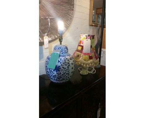 Habitat Chinese-style blue and white ceramic lamp base, PAT tested Jan 2016, together with a small patchwork style lamp (PAT 