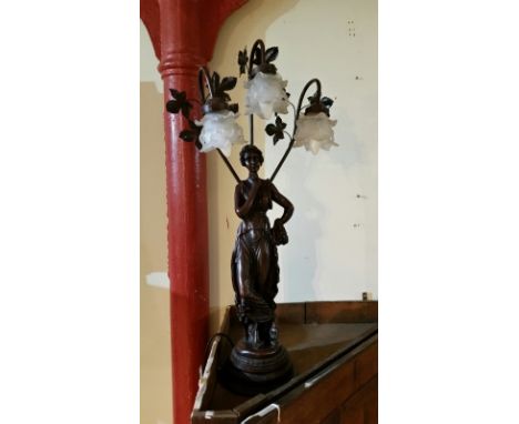 Magnificent spelter lamp with three white petal glass shades, all in top condition, PAT tested, classical maiden figure. C. 8
