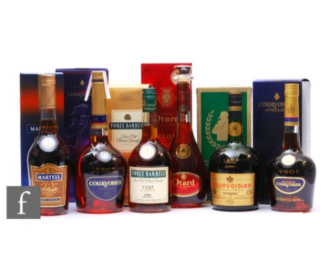 Six bottles of cognac, to include three bottles of Courvoisier 70cl, quart and 1 litre, one bottle of Three Barrels 70cl, one