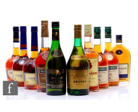 Ten bottles of cognac to include Three Barrels, Courvoisier, Martell and De Gaulle. (10)  PLEASE VIEW CONDITION REPORT 