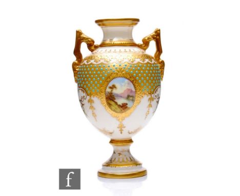 A Coalport porcelain pedestal vase, circa 1900, of rounded form rising from a spreading circular base with high arched handle