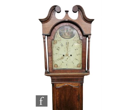 A 19th Century oak and mahogany crossbanded longcase clock by Jas Coates, eight day striking movement, painted arch dial inco