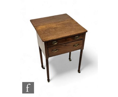 A 19th Century small two drawer work table with side drop flap, oval brass drop handles, on ring turned spiral legs, height 6