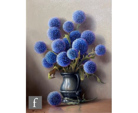ROBERT CHAILLOUX (FRENCH, 1913-2006) - 'Chardons Bleu' - blue globe thistles in a pewter tankard', oil on board, signed, fram