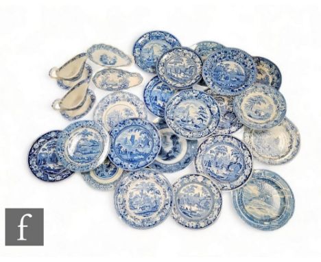 A collection of blue and white transfer printed wares, to include two sauce jugs on stands, plates and dishes, factories incl