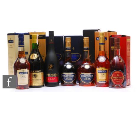 Seven bottles of cognac, to include two bottles of Courvoisier 70cl, a bottle of Three Barrels aged 15 years 70cl, Napoleon B