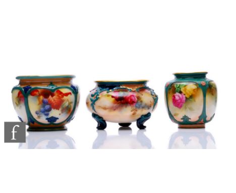 A Hadley's Worcester bowl of squat circular form, decorated with roses, forget-me-nots and daisies, with foliate scroll teal 