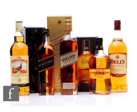 Five bottles of single malt and blended Scotch whiskies, to include Isle of Jura 10 years aged, Johnnie Walker Gold Label Res