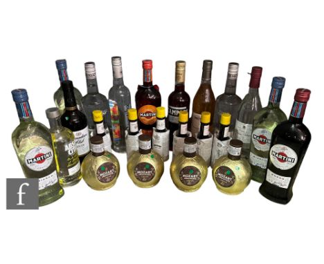 A collection of spirits, bourbon and liqueurs, to include Absolut vodka, Martini, Canadian Club, Campari, various liqueurs, s