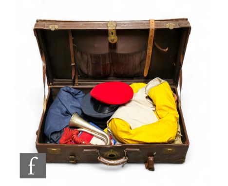 A British khaki battle dress, a pair of leather gloves, socks, various peaked hats, three RAF replica life jackets, and acces
