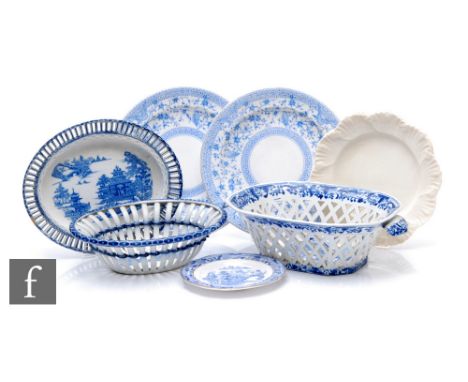 An early 19th Century Staffordshire pearlware chestnut basket and stand, blue transfer chinoiserie decoration over white grou